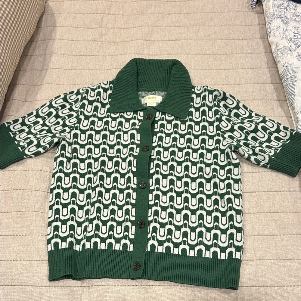 Anthropologie Green & White Short-Sleeve Geometric Knit Cardigan
